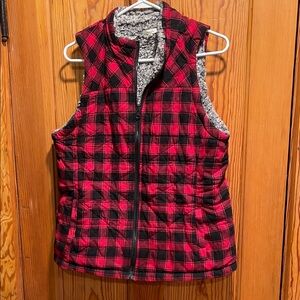 Maurices Gray and Red Plaid Vest with Sherpa Lining